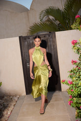 Chartreuse silk halter dress