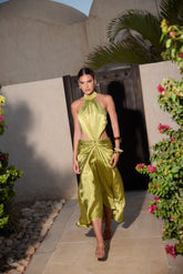 Chartreuse silk halter dress